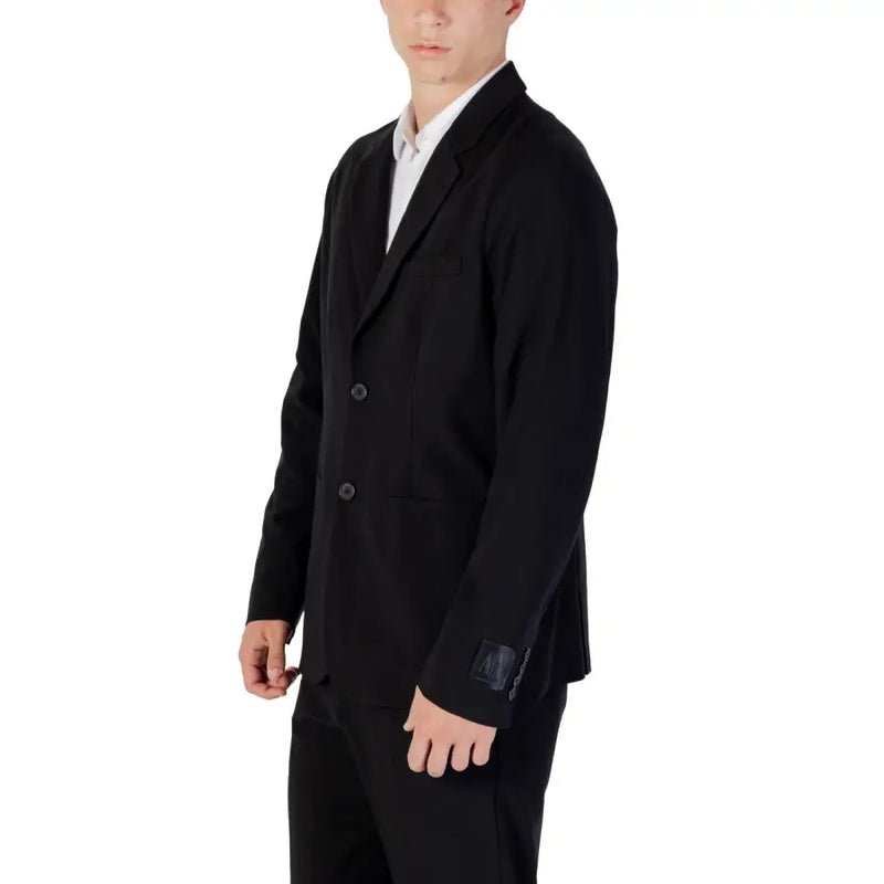 Men’s black Armani Exchange blazer with notched lapels and front buttons over white shirt