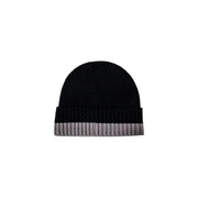 Armani Exchange men black and grey ribbed knit beanie cap with folded cuff and horizontal grey stripes