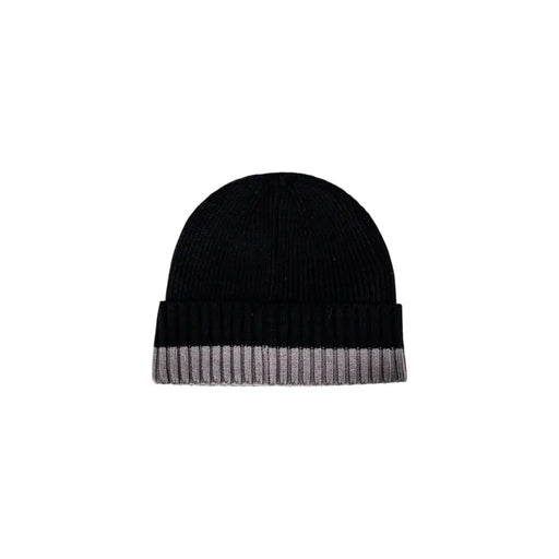 Armani Exchange men black and grey ribbed knit beanie cap with folded cuff and horizontal grey stripes