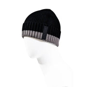Armani Exchange men black and grey ribbed knit beanie cap with striped cuff and black rectangular patch on the side