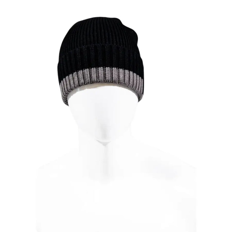 Armani Exchange men black and grey ribbed knit beanie cap with contrasting striped cuff for casual wear