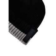 Armani Exchange men black and grey ribbed knit beanie cap with a contrasting grey cuff and woven label