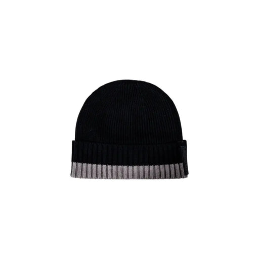 Armani Exchange men black and grey ribbed knit beanie cap with folded cuff featuring alternating stripes