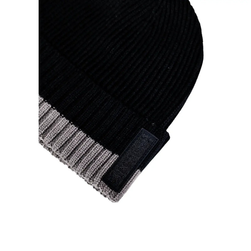 Armani Exchange men black and grey ribbed knit beanie cap with a contrasting grey cuff and woven label