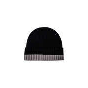 Armani Exchange men black and grey ribbed knit beanie cap with folded cuff and horizontal grey stripes