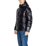 Armani Exchange Schwarze, lange Herren-Kapuzenjacke aus Polyamid mit glänzender Oberfläche und AX-Logo-Patch am linken Ärmel