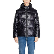 Armani Exchange Schwarze, lange Herren-Daunenjacke mit Kapuze und glänzendem, gestepptem Polyamid-Außenmaterial