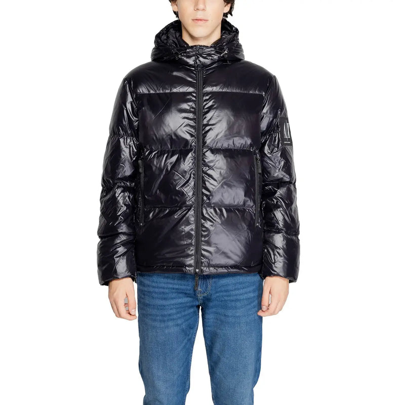 Armani Exchange Schwarze, lange Herren-Daunenjacke mit Kapuze und glänzendem, gestepptem Polyamid-Außenmaterial