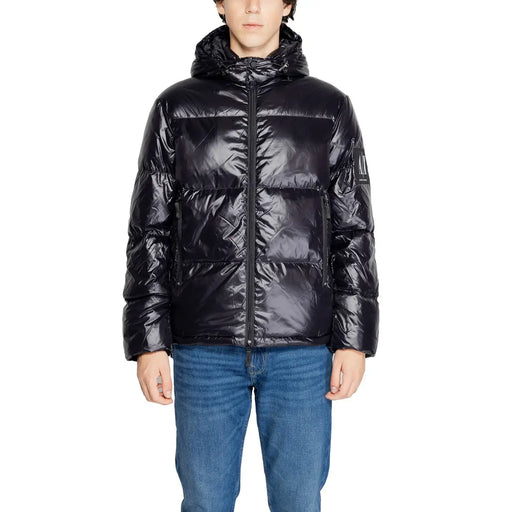 Armani Exchange Schwarze, lange Herren-Daunenjacke mit Kapuze und glänzendem, gestepptem Polyamid-Außenmaterial