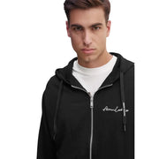 Armani Exchange Schwarzer Herren-Kapuzenpullover mit Reißverschluss, weißem, gesticktem Logo und passenden Kordelzügen aus Baumwollmischgewebe.