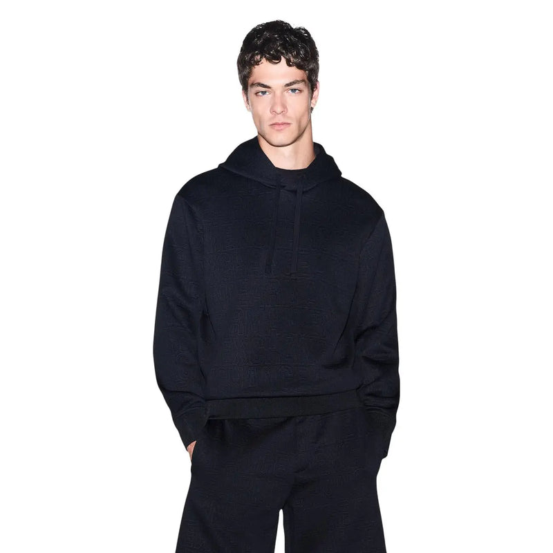 Armani Exchange Schwarzer Herren-Hoodie aus Polyester mit strukturiertem Strickmaterial, Rippstrickmuster und Kapuze mit Kordelzug