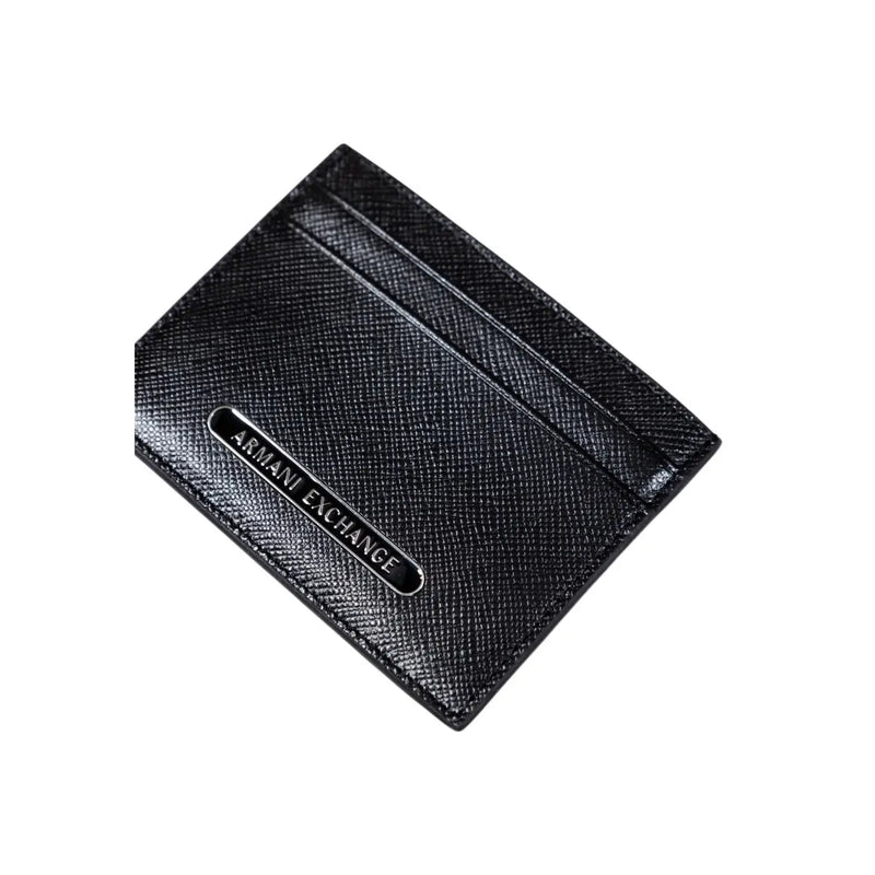 Black Armani Exchange men wallet card holder with textured surface and metallic Armani Exchange logo plaque