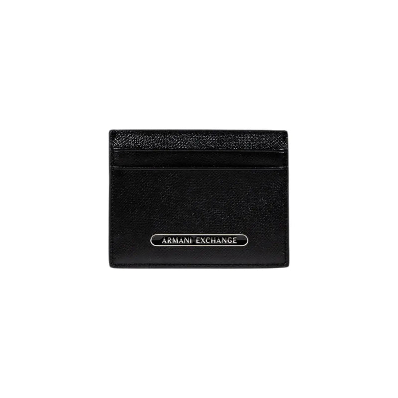 Black Armani Exchange men wallet card holder made of textured leather with a silver logo plaque