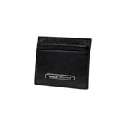 Black Armani Exchange men wallet card holder made of textured leather with silver logo plaque visible on front side