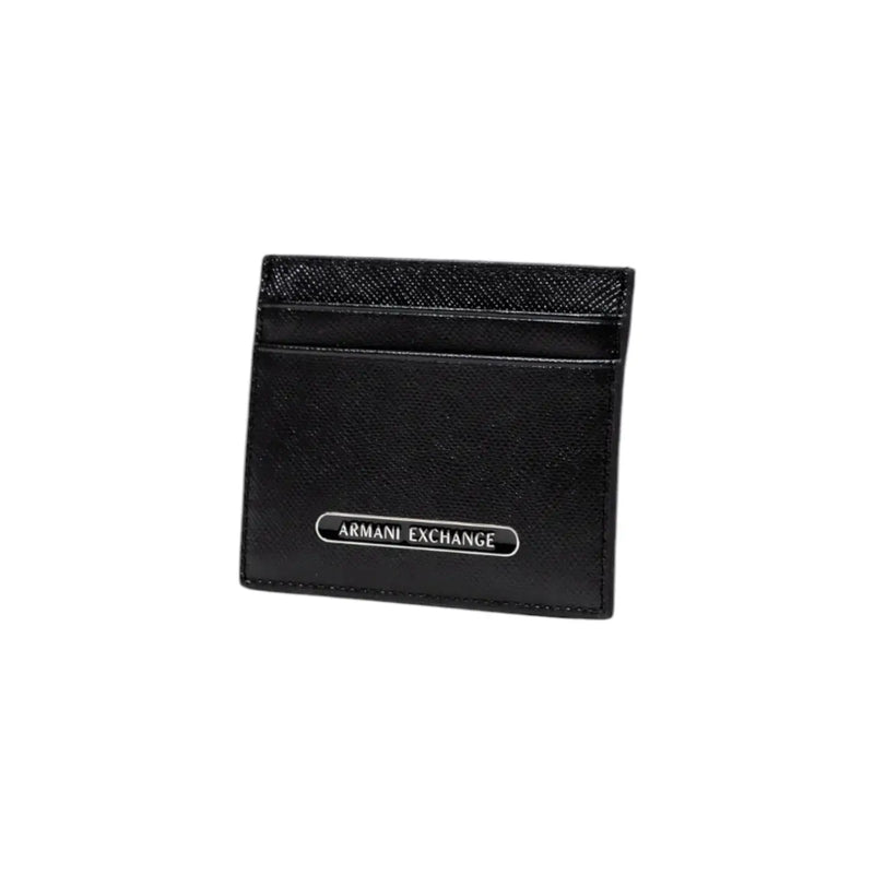 Black Armani Exchange men wallet card holder made of textured leather with silver logo plaque visible on front side