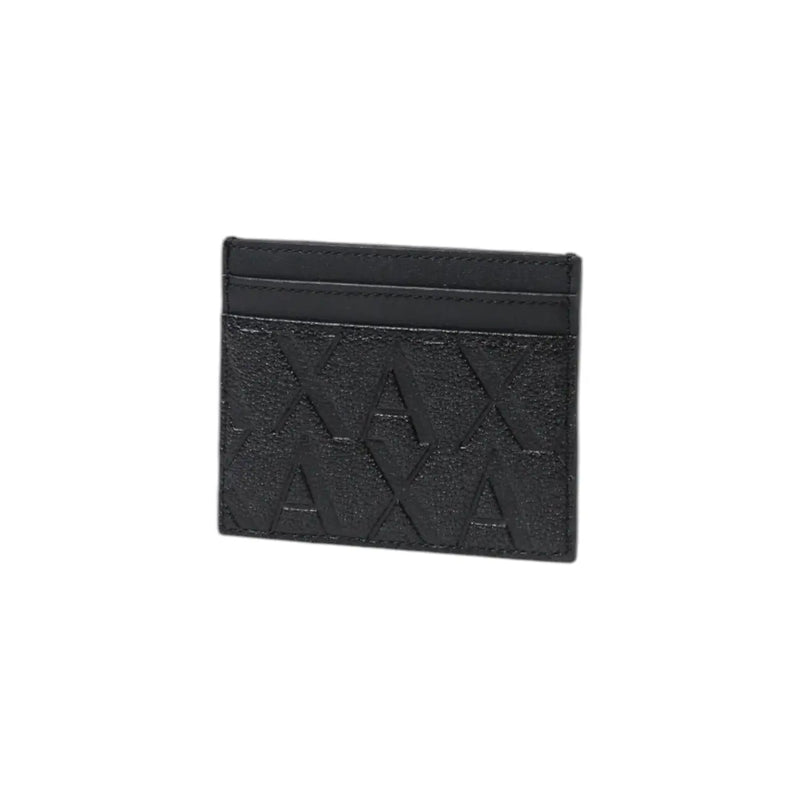 Armani Exchange men black leather card holder with embossed axa logo pattern and sleek design