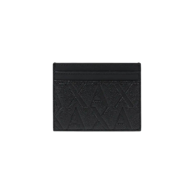 Armani Exchange men black leather card holder with embossed repeating ax logo pattern