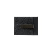 Armani Exchange men black leather wallet with embossed geometric pattern and sleek metallic money clip visible
