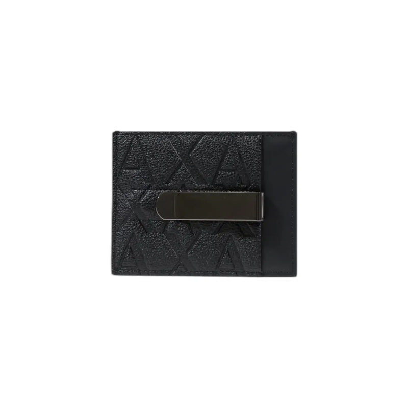 Armani Exchange men black leather wallet with embossed geometric pattern and sleek metallic money clip visible