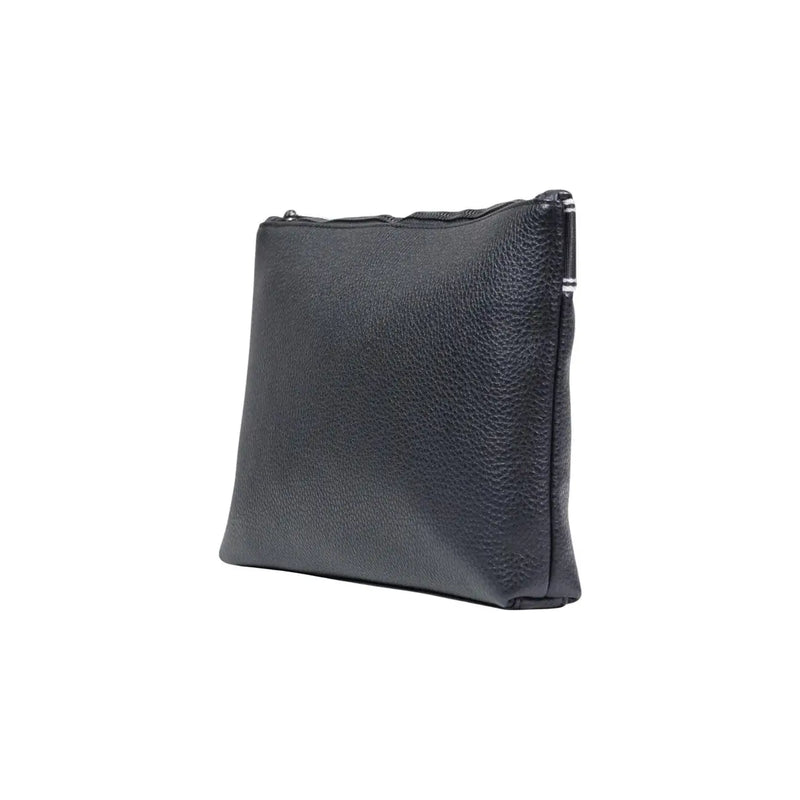 Armani Exchange Schwarze Herrenhandtasche aus Polyester mit schwarzer, strukturierter Leder-Clutch-Vorderseite und silbernem Reißverschluss
