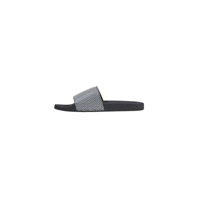 Armani Exchange Schwarze Herren-Pantoffeln aus PVC mit Print, strukturiertem Riemen und kleinen Metallnieten