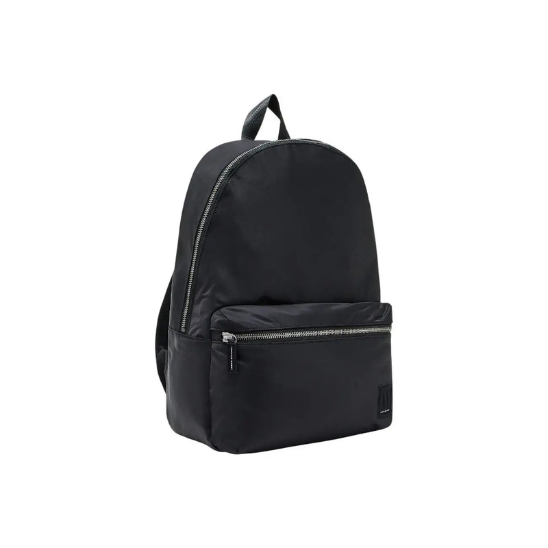 Armani Exchange Schwarzer Herren-Nylonrucksack mit silbernen Reißverschlüssen und Logo-Aufnäher unten rechts, Größe 31x45x19