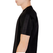 Armani Exchange men black short sleeve cotton t shirt with ribbed collar and vertical satin stripe with embossed lettering