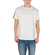 Men’s white crew-neck T-shirt with black shoulder stripes paired with blue jeans