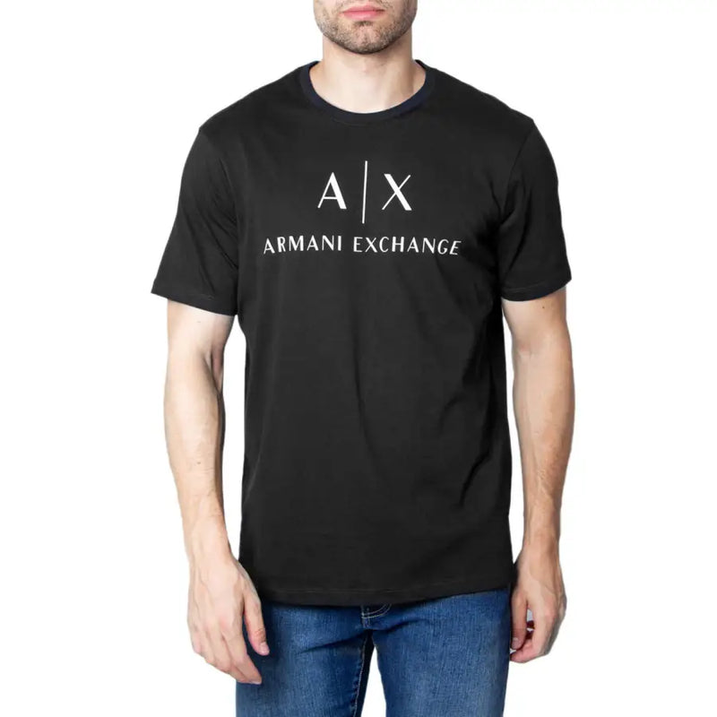 Men’s black short-sleeve T-shirt with white Armani Exchange logo and round neck