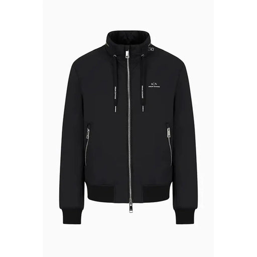 Armani Exchange Schwarze Herren-Zip-Jacke mit silbernen Reißverschlüssen und dezentem Logo auf der Brust im eleganten Blazer-Stil