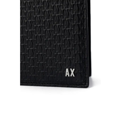 Black textured Armani Exchange men’s wallet with silver AX logo and inside pocket