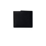 Black leather wallet with woven texture from Armani Exchange for men featuring an inside pocket