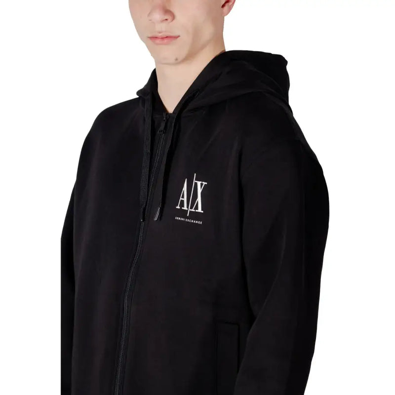 Armani Exchange Schwarzer Herren-Kapuzenpullover aus Baumwolle mit Reißverschluss, weißem A-Slash-X-Logo und Pfeil-Ausdruck auf der Brust