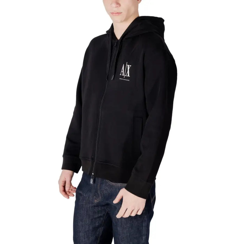 Armani Exchange Schwarzer Herren-Hoodie aus Baumwolle mit Reißverschluss und weißem Logo auf der Brust für die Freizeit.
