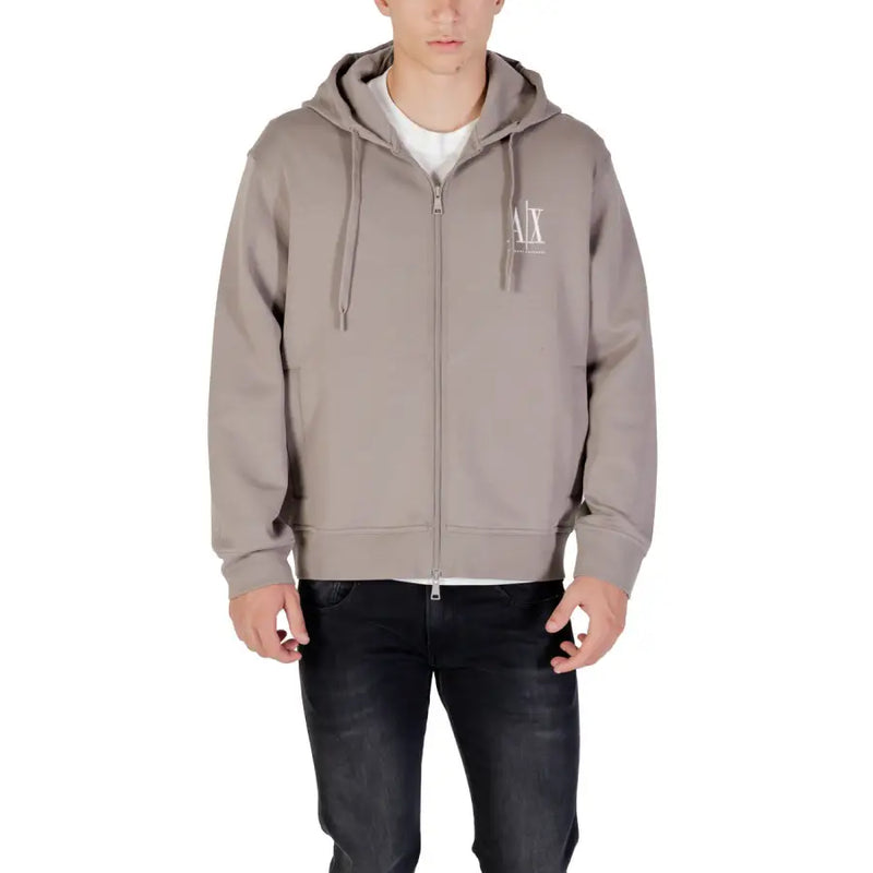 Armani Exchange Schwarzer Herren-Kapuzenpullover aus Baumwolle mit Reißverschluss, taupefarbener Kapuze mit Reißverschluss und weißem, gesticktem Logo auf der Brust