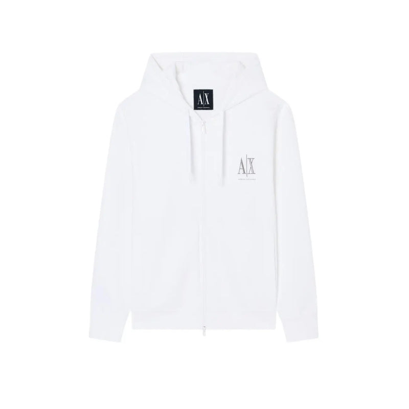 Weiß armani exchange Kapuzenpullover aus Baumwolle mit Reißverschluss, silberner Logo-Stickerei und schwarzem Markenetikett am Kragen