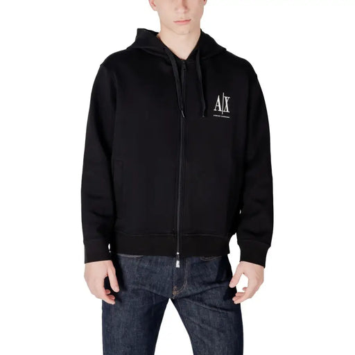 Armani Exchange Schwarzer Herren-Hoodie aus Baumwolle mit Reißverschluss und weißem, gesticktem Logo auf der Brust für die Freizeit.