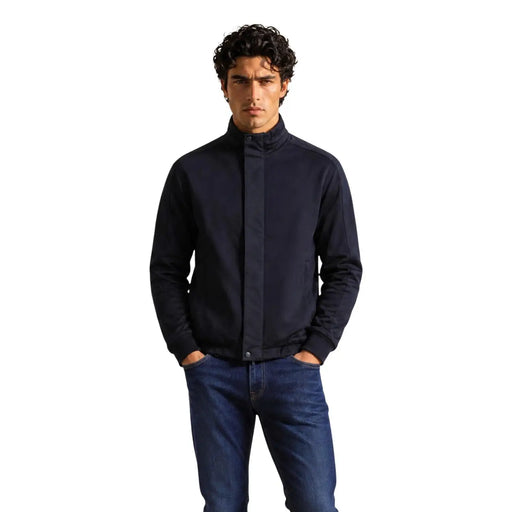Armani Exchange Herren-Hoodie aus blauem Baumwollmischgewebe mit marineblauer Reißverschlussjacke, hohem Kragen und dezenten Nahtdetails
