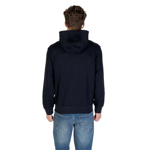 Armani Exchange Herren-Kapuzenpullover aus blauer Baumwolle mit V-Ausschnitt, marineblauen Rippbündchen an Ärmeln und Saum, Vorderansicht