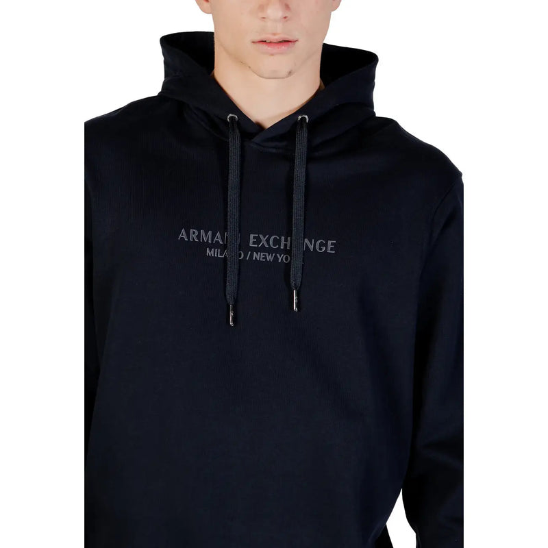 Black armani exchange men hoodie with subtle embroidered branding and matching drawstrings in cotton material