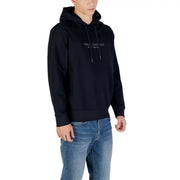 Black Armani Exchange cotton hoodie with subtle white logo on chest paired with blue cotton hooded sweatshirt v neck