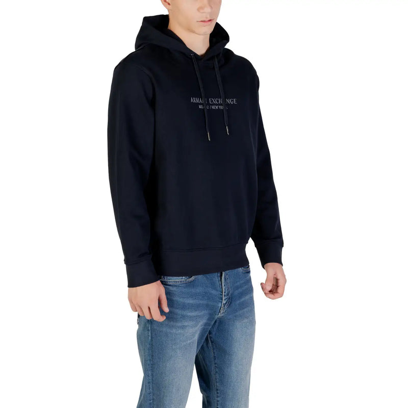 Black Armani Exchange cotton hoodie with subtle white logo on chest paired with blue cotton hooded sweatshirt v neck