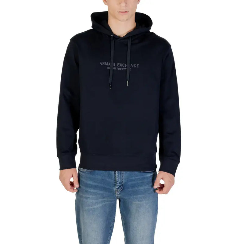 Armani exchange Schwarzer Herren-Baumwollhoodie mit dezenter weißer Bruststickerei und Kapuze für die Freizeit.