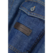 Armani Exchange Herrenhemd aus blauer Baumwolle mit silbernen Knöpfen und braunem Lederkragen armani exchange Patch