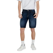 Armani Exchange men blue cotton shorts in dark blue denim with classic five-pocket design and stitched detailing