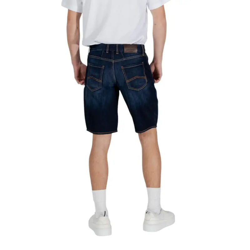 Armani Exchange men blue cotton shorts in dark blue denim with classic five-pocket design and contrasting stitching