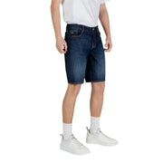 Armani Exchange men blue cotton shorts featuring dark blue denim with classic five-pocket design and subtle fading