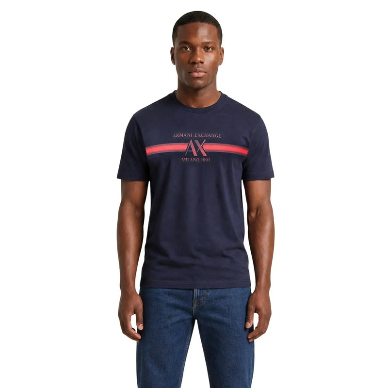 Marineblau armani exchange Herren-Baumwoll-T-Shirt mit Rundhalsausschnitt und rot-weißem Logostreifen auf der Brust