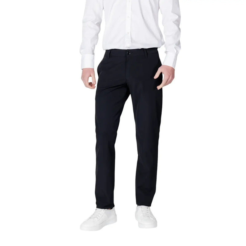 Black tailored Armani Exchange men cotton trousers with sleek modern cut and subtle creasing for spring summer wear
