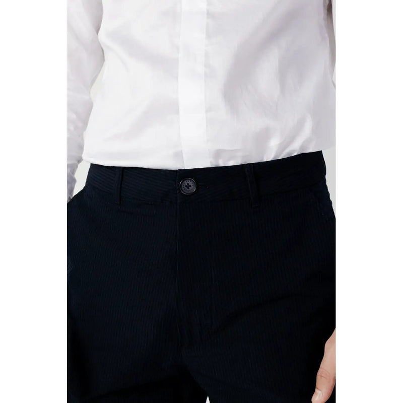 Black textured Armani Exchange men blue cotton trousers with subtle vertical stripe and dark circular waistband button